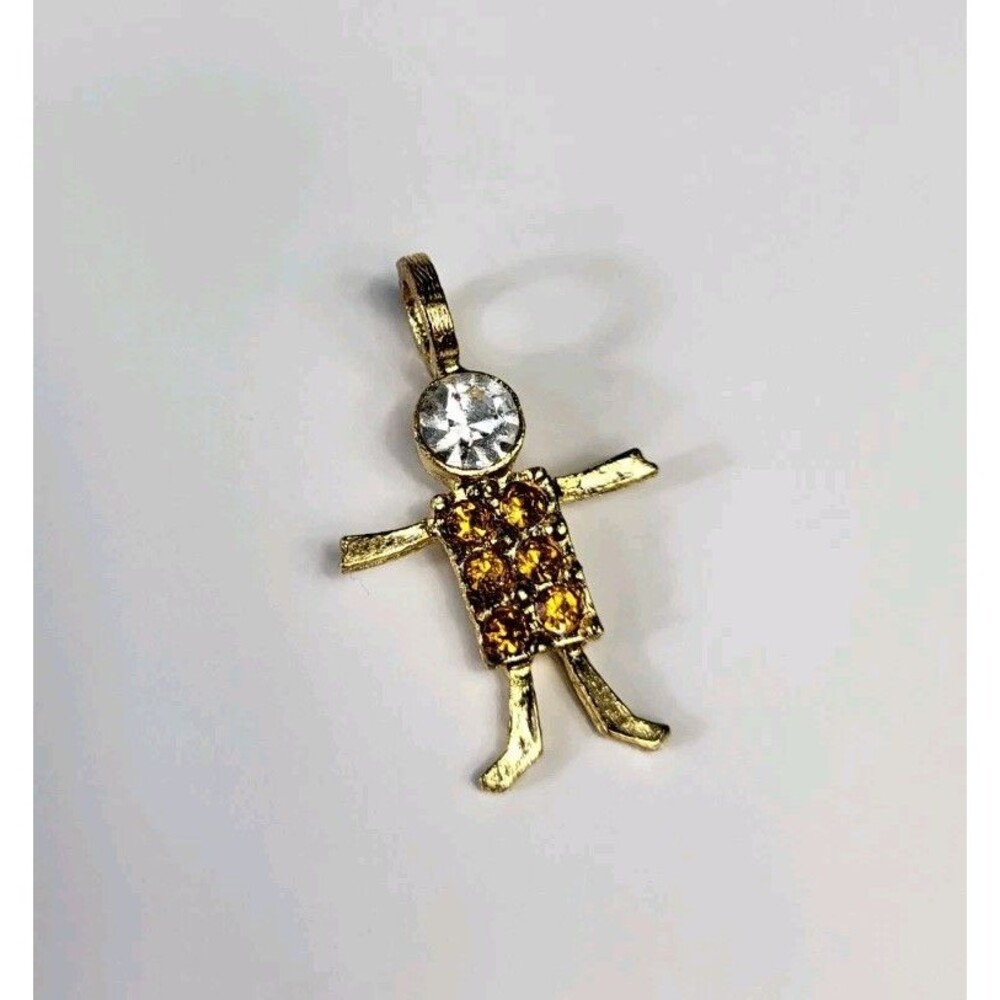 Vintage K.I.S Topaz Birthstone Pendant Charm Girl Boy Stick Figure Gold Tone